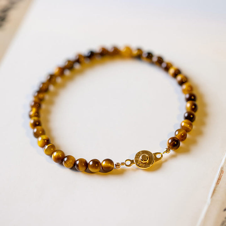 Braccialetto di protezione del coraggio in pietra naturale occhio di tigre placcato oro 14K Buddha Stones
