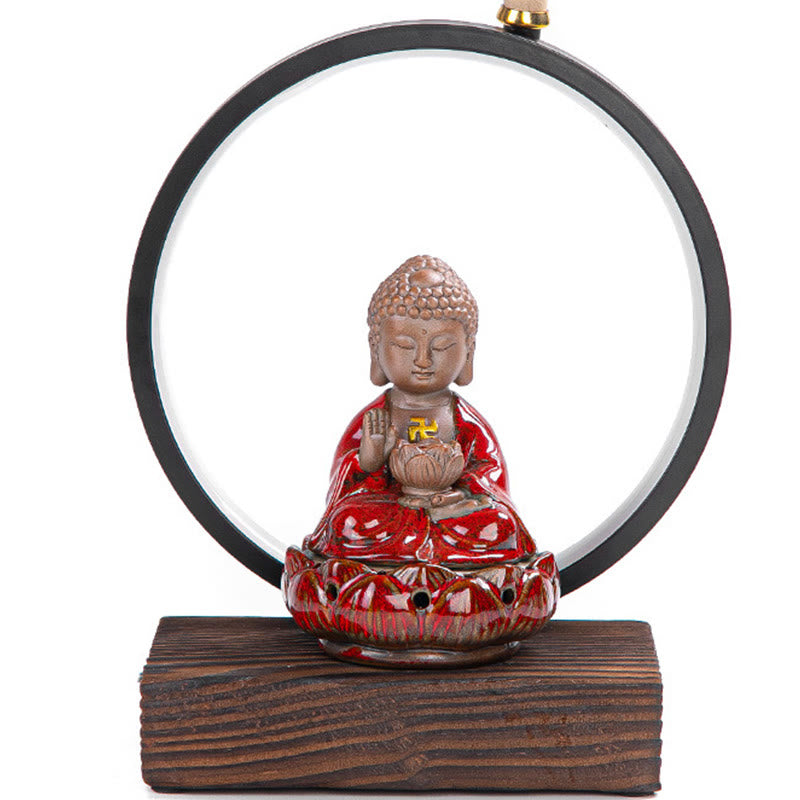Buddha Stones Buddha Lotus Fontana di fumo a riflusso Bruciatore di incenso di benedizione in ceramica con decorazione luminosa