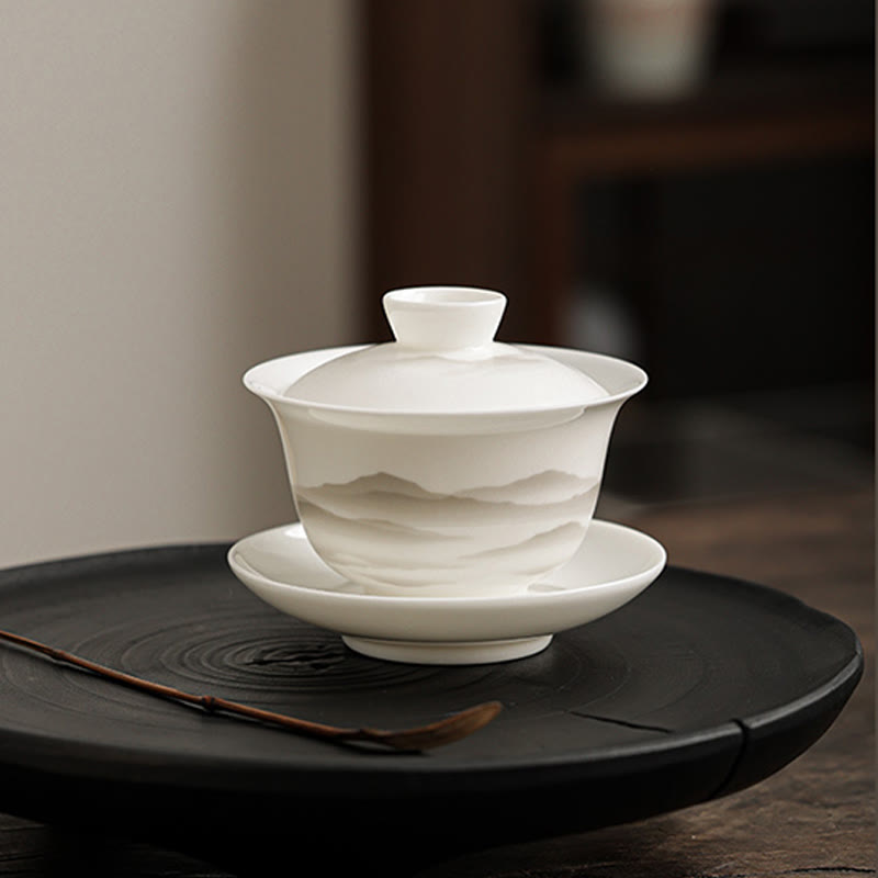 Buddha Stones Vintage Ink Painting Mountain White Porcelain Ceramic Gaiwan Sancai Tazza da tè Kung Fu Tazza da tè e piattino con coperchio Utensile da tè Teiera - image 8