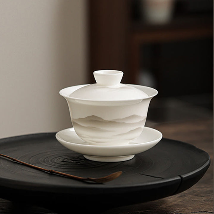 Buddha Stones Vintage Ink Painting Mountain White Porcelain Ceramic Gaiwan Sancai Tazza da tè Kung Fu Tazza da tè e piattino con coperchio Utensile da tè Teiera - image 8