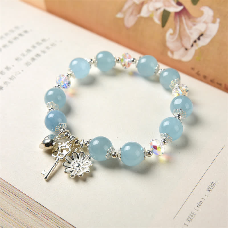 Bracciale con ciondolo a forma di chiave dell'amore con fiore di serenità in argento sterling 925 e acquamarina naturale Buddha Stones - image 3