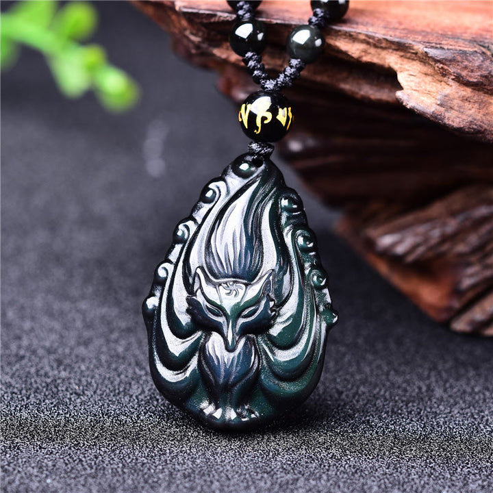 Buddha Stones Ossidiana arcobaleno naturale Volpe a nove code Collana di pace interiore Ciondolo con perline
