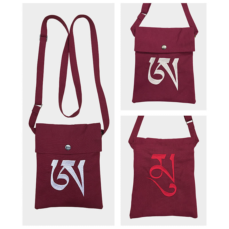Borsa a tracolla in cotone ricamata a mano con mantra OM e pratica spirituale della mente, borsa a tracolla per cellulare - image 4