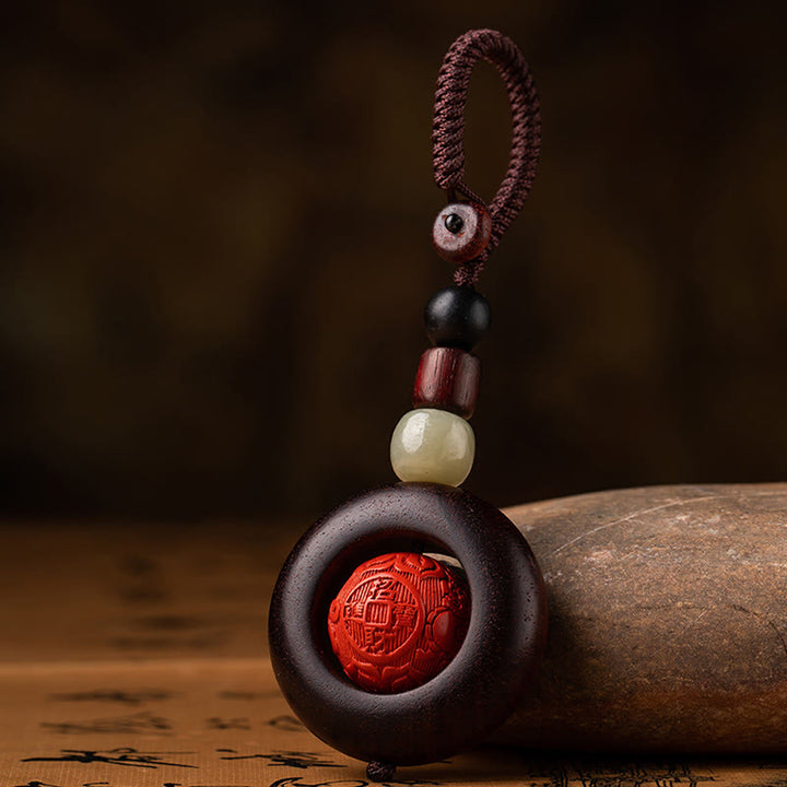 Buddha Stones Tibet Om Mani Padme Hum PiXiu Moneta di rame Piccola foglia Sandalo rosso Cinabro Protezione Portachiavi