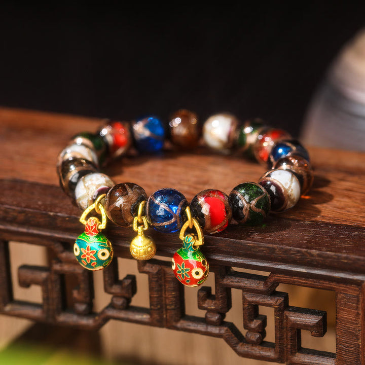Buddha Stones Cinque Elementi Oro Bestia che deglutisce Fascino Famiglia Braccialetto Portafortuna con Perline di Vetro Liuli - Famiglia di bestie inghiottitrici in perline di vetro e rame dorato di Liuli - 14 mm (15 perline) - image 9