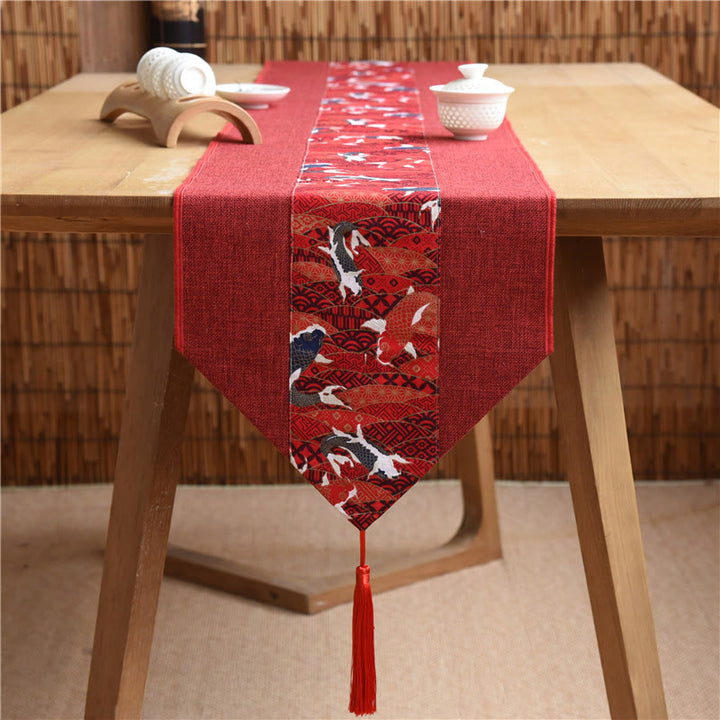 Buddha Stones Stile cinese classico Loto Koi Pesce Fiore Gru Calligrafia Illuminazione Cotone Lino Nappe Runner da tavolo