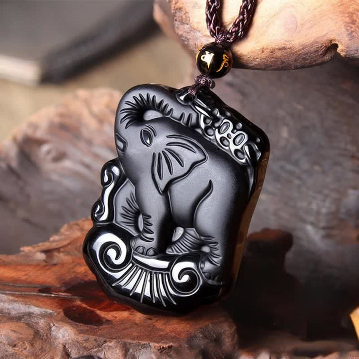 Collana con ciondolo portachiavi in corda di protezione per elefante in ossidiana nera