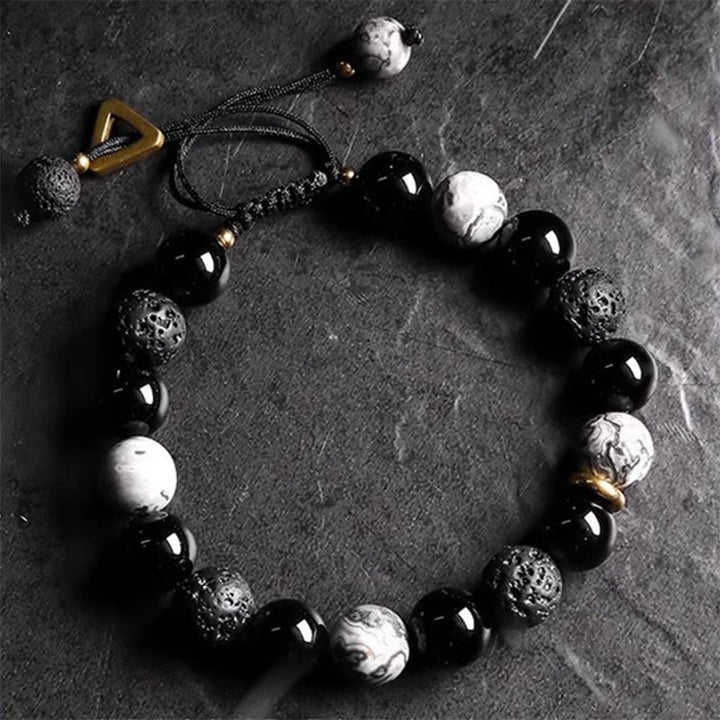 Braccialetto di forza Yin Yang in pietra lavica di ossidiana nera Buddha Stones