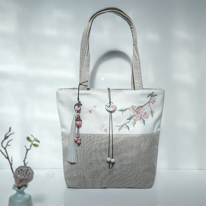 Borsa a tracolla grande capacità in tela con ricamo in bambù, prugna, fiore di pera, pesco - image 40