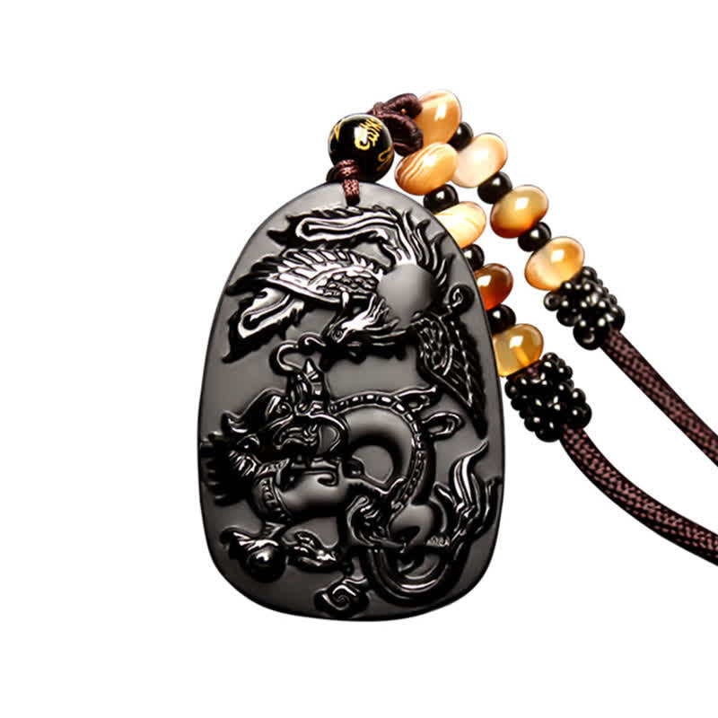 Collana con ciondolo di perline di protezione in ossidiana nera con occhio di tigre, drago e fenice - image 7