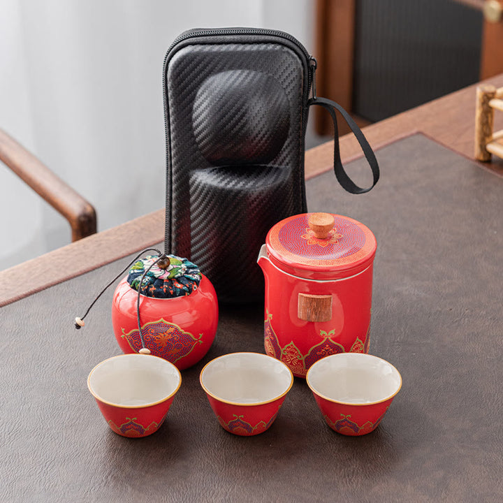 Buddha Stones Flower Chinese Gongfu Teiera in ceramica portatile Set da tè da viaggio all'aperto - Rosso - 1 teiera + 3 tazze + 1 bustina + 1 lattina di tè - image 24