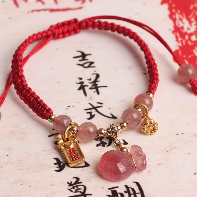 Braccialetto intrecciato con corda rossa, Buddha Stones naturale, sacchetto di denaro con loto - Quarzo fragola (amore♥guarigione) (circonferenza polso 14-19 cm) - image 0