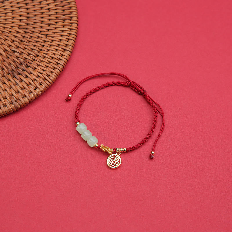 Braccialetto con corda rossa con ciondolo a forma di carattere Fu, con perline di giada lavorate a mano Buddha Stones
