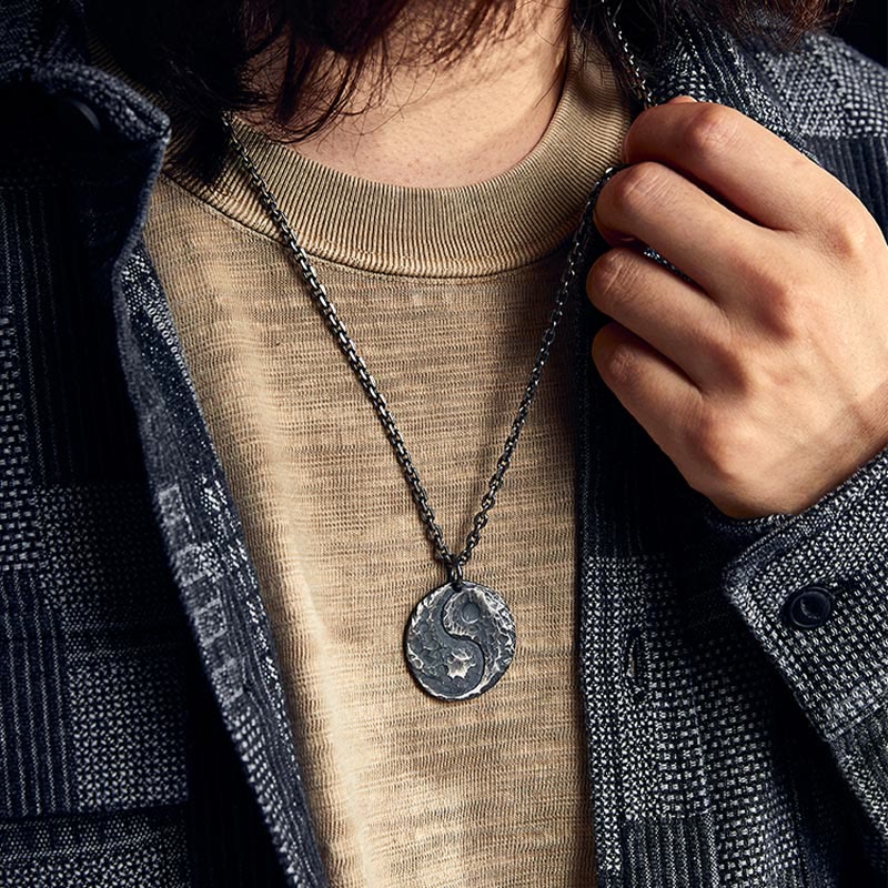 Buddha Stones 990 Sterling Silver Yin Yang Hammer Texture Collana con ciondolo Armonia - image 8