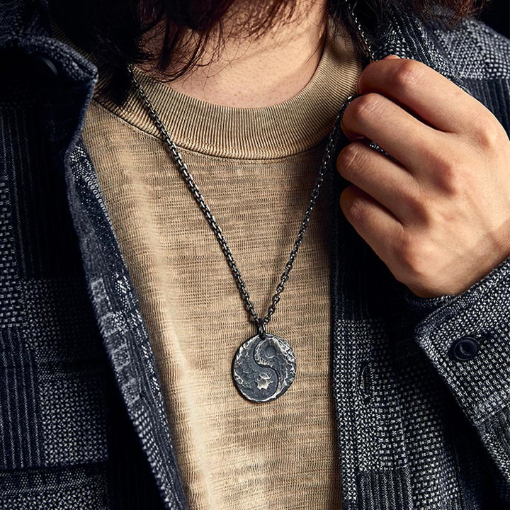Buddha Stones 990 Sterling Silver Yin Yang Hammer Texture Collana con ciondolo Armonia - image 8