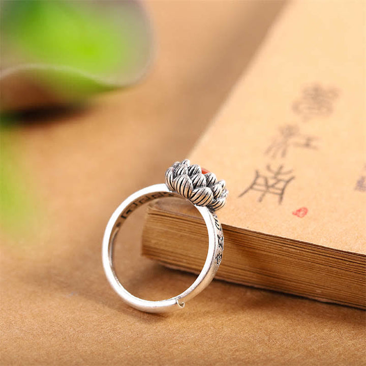 Buddha Stones925 Sterling Silver Lotus Red Agate Anello di Benedizione della Fiducia - image 5