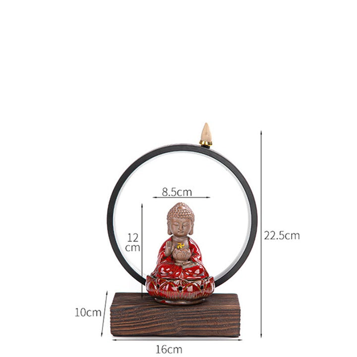 Buddha Stones Buddha Lotus Fontana di fumo a riflusso Bruciatore di incenso di benedizione in ceramica con decorazione luminosa