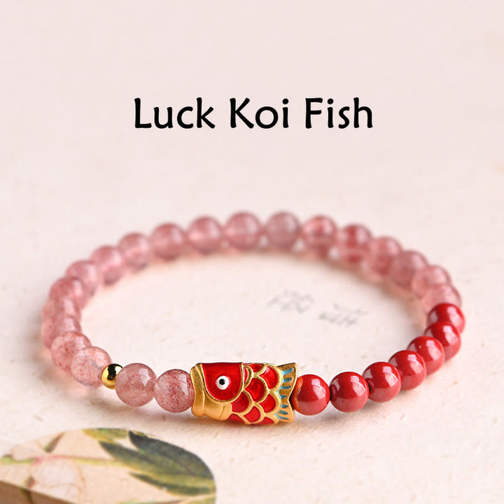 Braccialetto curativo con pesce koi portafortuna in quarzo fragola naturale cinabro Buddha Stones