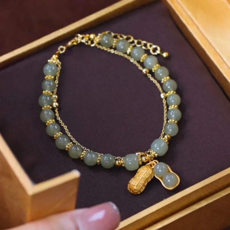 Braccialetto di perline con carattere Fu , Buddha Stones di giada, foglia di ginkgo, tulipano, arachidi e fortuna - Arachidi e Giada - image 13