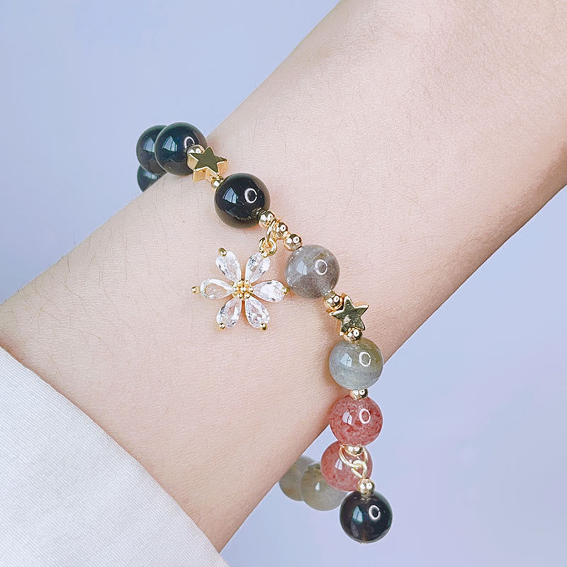Braccialetto di protezione con cuore, stella e fiore in ossidiana naturale con Buddha Stones argento lucido