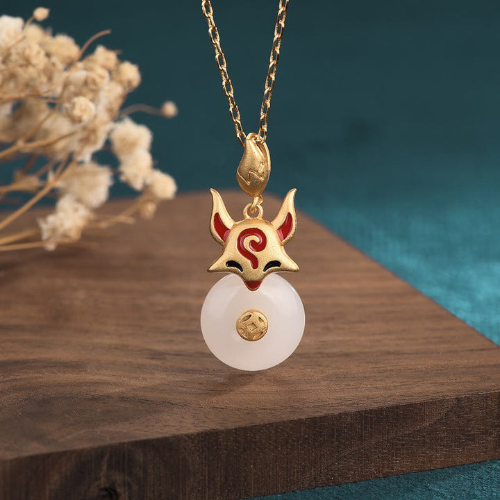 Buddha Stones Giada Bianca Volpe Moneta di Rame Protezione Fortuna Collana Pendente
