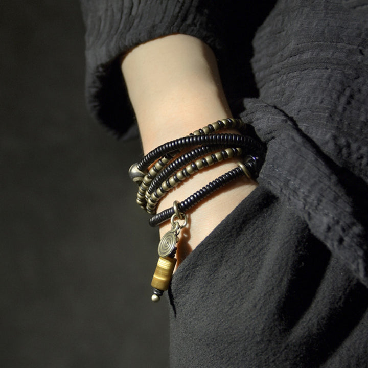 Buddha Stones Legno di ebano Perline Dzi Rame Pace Coppia Bracciale Collana Pendente