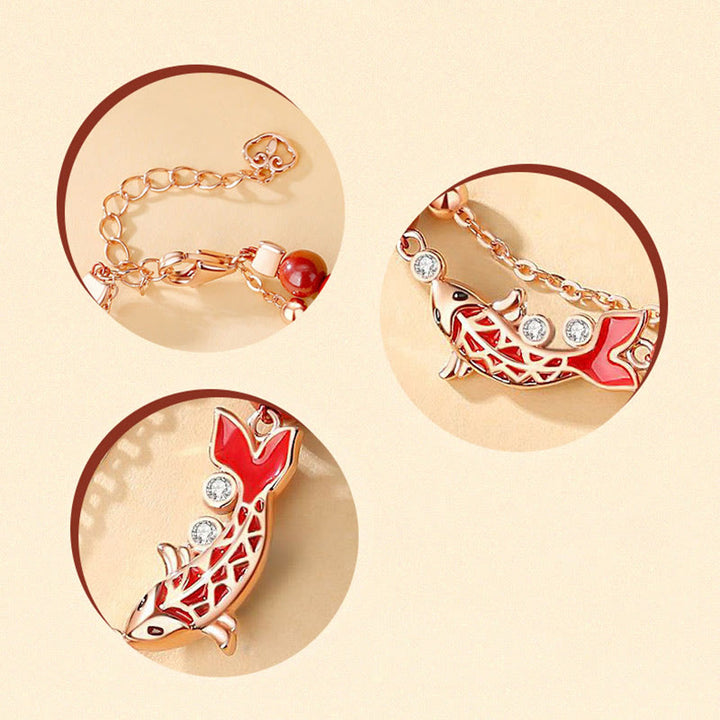 Bracciale a catena a doppio strato con zirconi e cinabro, in argento sterling 925, con pesce koi portafortuna, Buddha Stones - image 7
