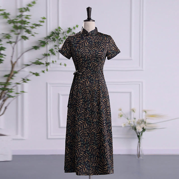 Abito da donna in cheongsam con stampa di foglie e nuvole di buon Buddha Stones vintage, abito da donna in qipao - Foglia nera - US16, UK/AU20, EU48 (5XL) - image 14