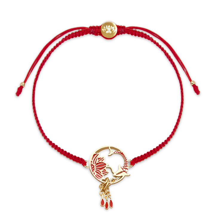 Braccialetto portafortuna rosso con corda, fatto a mano in Buddha Stones, tibetano, con pesce di loto e carpa koi
