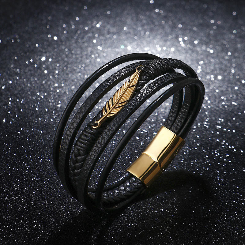Bracciale con fibbia magnetica intrecciata in acciaio al titanio e pelle multistrato con motivo a piume Buddha Stones