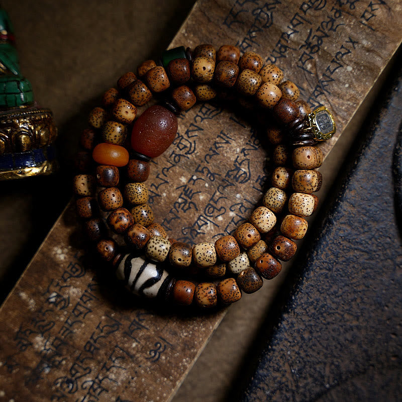 Buddha Stones Semi di Bodhi Tibetano Ambra Perline Dzi Agata Zakiram Dea della Ricchezza Perline Bracciale Triplo Avvolgimento