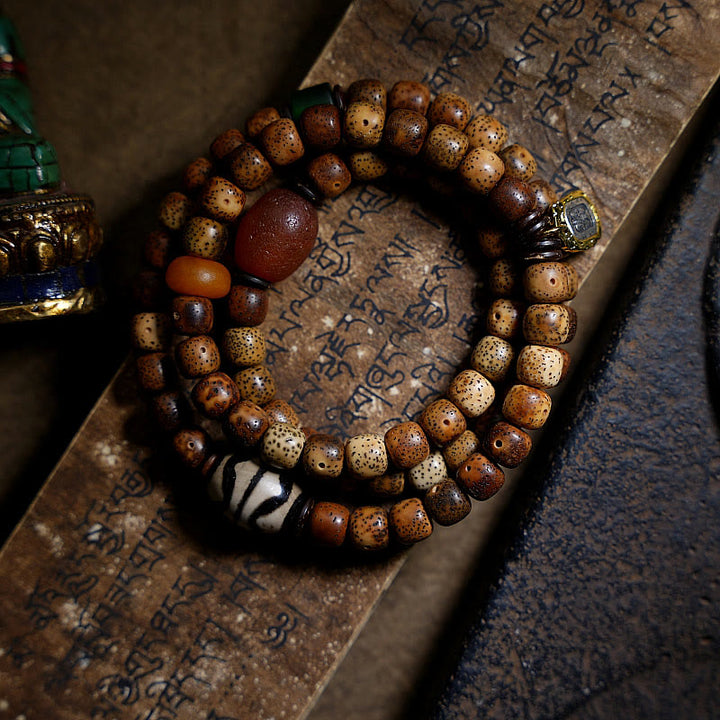 Buddha Stones Semi di Bodhi Tibetano Ambra Perline Dzi Agata Zakiram Dea della Ricchezza Perline Bracciale Triplo Avvolgimento