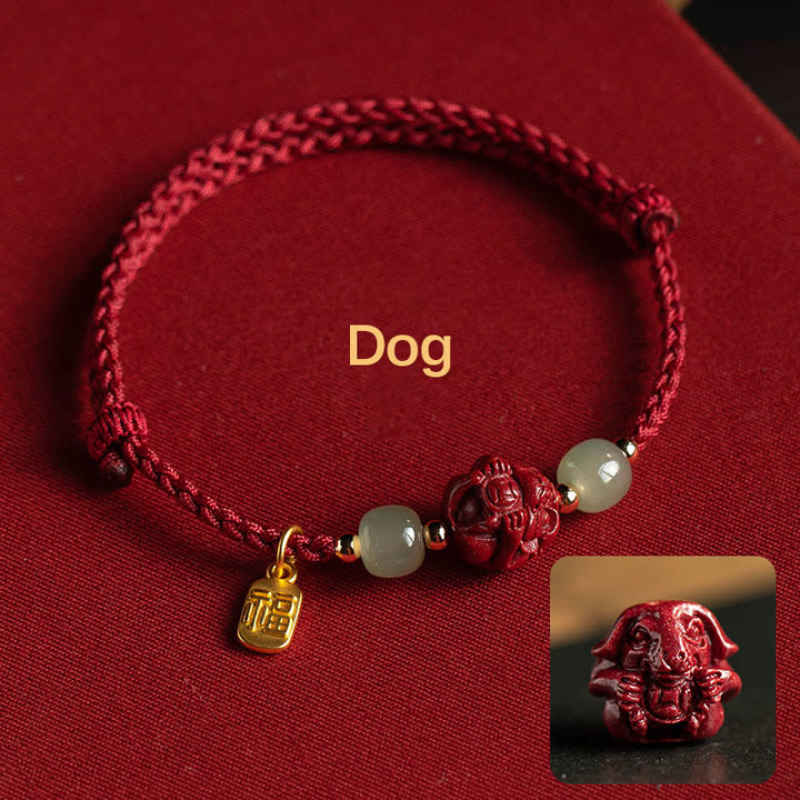 Buddha Stones , cinabro naturale, zodiaco cinese, giada Hetian, carattere Fu, braccialetto di corda della fortuna - Cane (circonferenza del polso 14-18 cm) - image 18