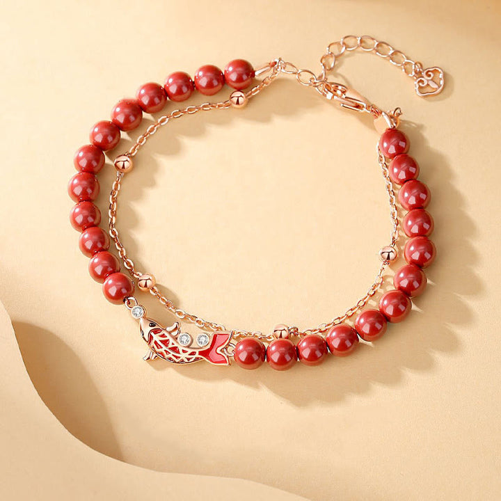 Bracciale a catena a doppio strato con zirconi e cinabro, in argento sterling 925, con pesce koi portafortuna, Buddha Stones - image 3