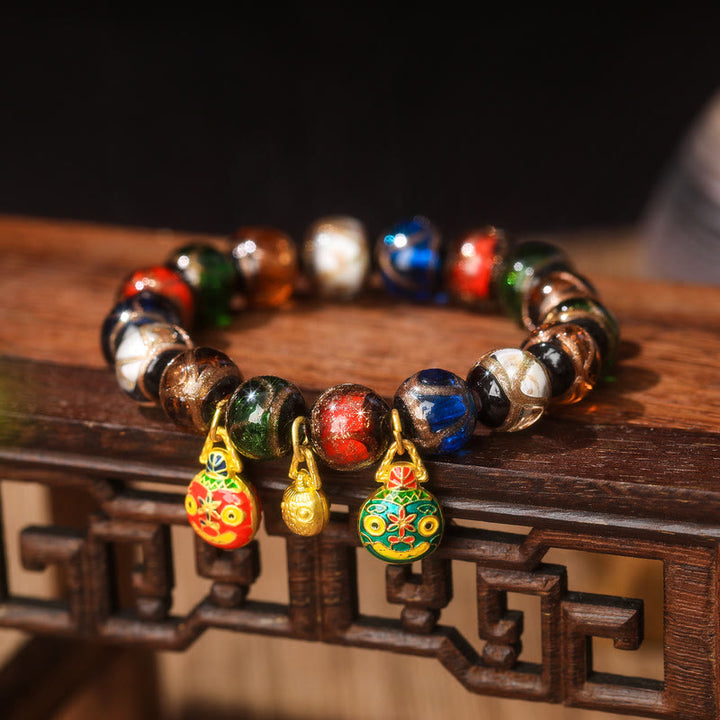 Buddha Stones Cinque Elementi Oro Bestia che deglutisce Fascino Famiglia Braccialetto Portafortuna con Perline di Vetro Liuli - Liuli Glass Bead&Big Red Green Gold Swawing Beast Family - 14 mm (15 perline) - image 4
