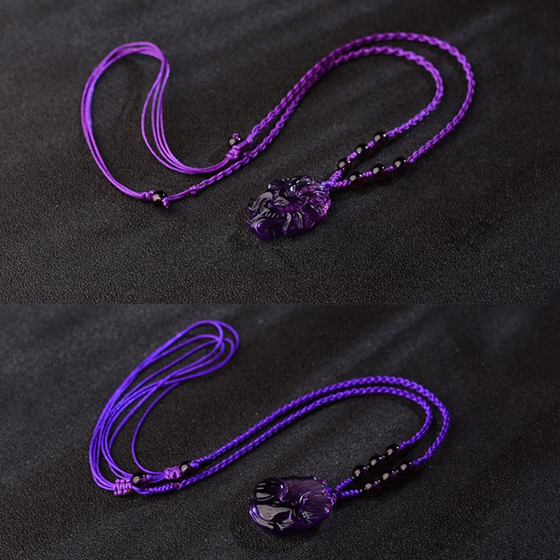 Collana con ciondolo portafortuna a forma di volpe a nove code, in cristallo bianco, ametista naturale, citrino e Buddha Stones