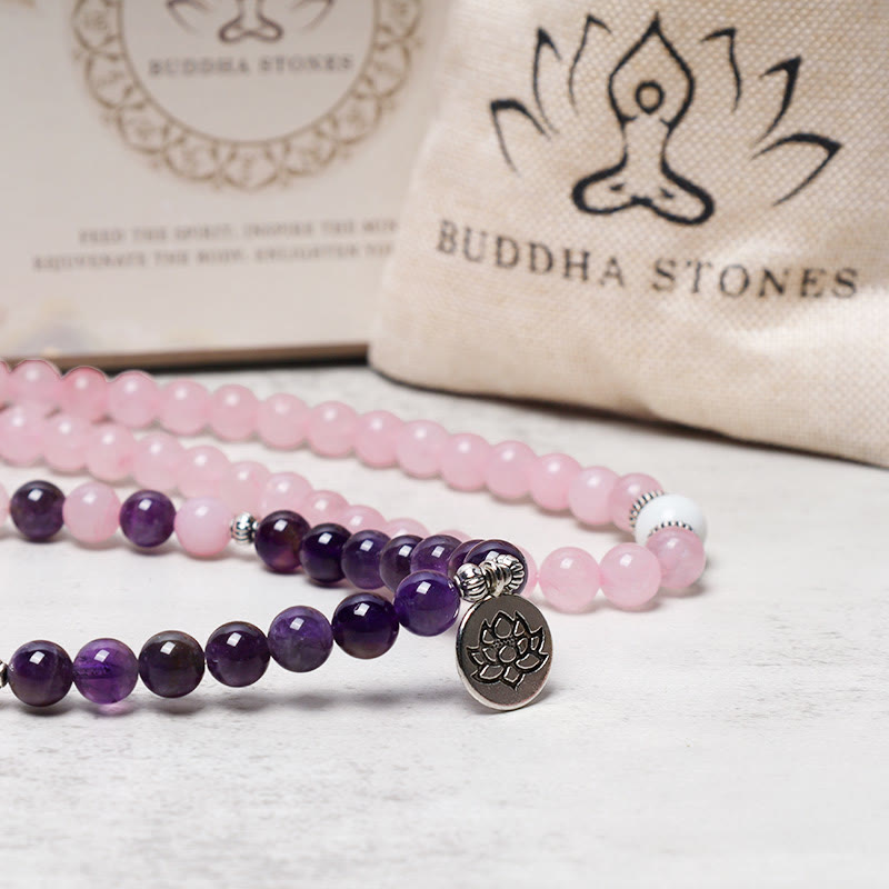 Bracciale con ciondolo di loto in perline di Mala in quarzo rosa naturale e ametista Buddha Stones - image 3