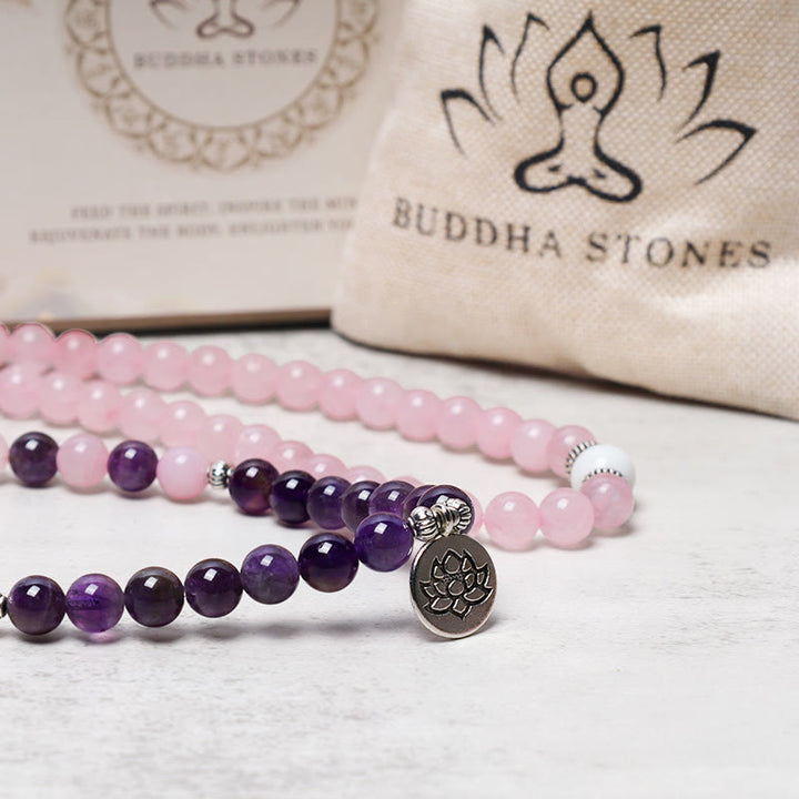 Bracciale con ciondolo di loto in perline di Mala in quarzo rosa naturale e ametista Buddha Stones - image 3