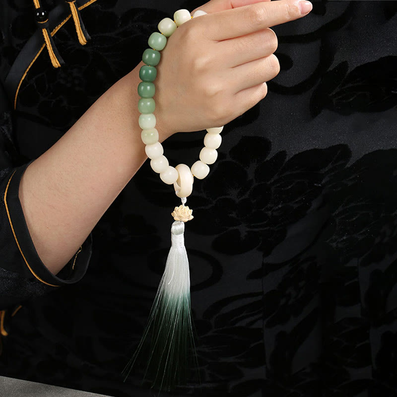 Buddha Stones Naturale Gradiente Bodhi Seed Fortuna Sacchetto di Denaro Loto Saggezza Nappa Polso Mala