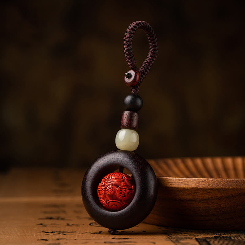 Buddha Stones Tibet Om Mani Padme Hum PiXiu Moneta di rame Piccola foglia Sandalo rosso Cinabro Protezione Portachiavi