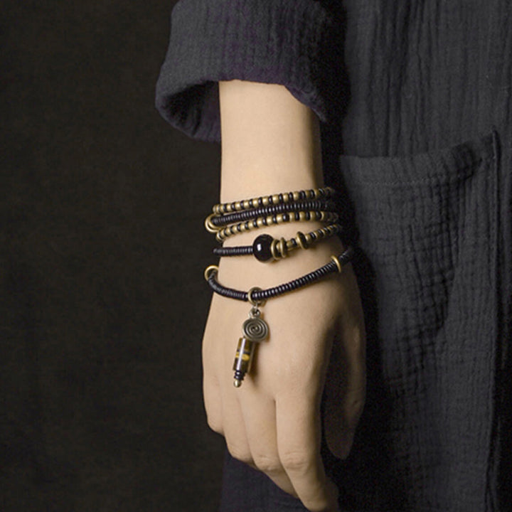 Buddha Stones Legno di ebano Perline Dzi Rame Pace Coppia Bracciale Collana Pendente