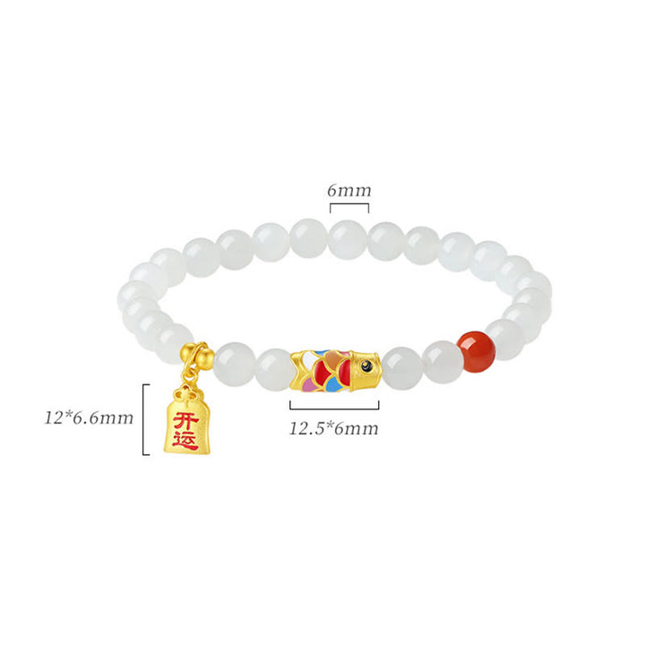 Bracciale Buddha Stones 925 Sterling Silver Hetian Giada Bianca Agata Rossa Koi Pesce Fortuna Felicità - image 11