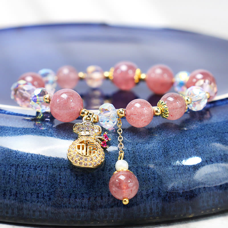 Braccialetto positivo con ciondolo a forma di sacchetto di denaro in cristallo di quarzo fragola naturale Buddha Stones