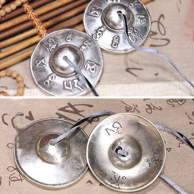 Buddha Stones Campana Tingsha Tibetana Sei Parole Vere Decorazione Guarigione Rame Bianco