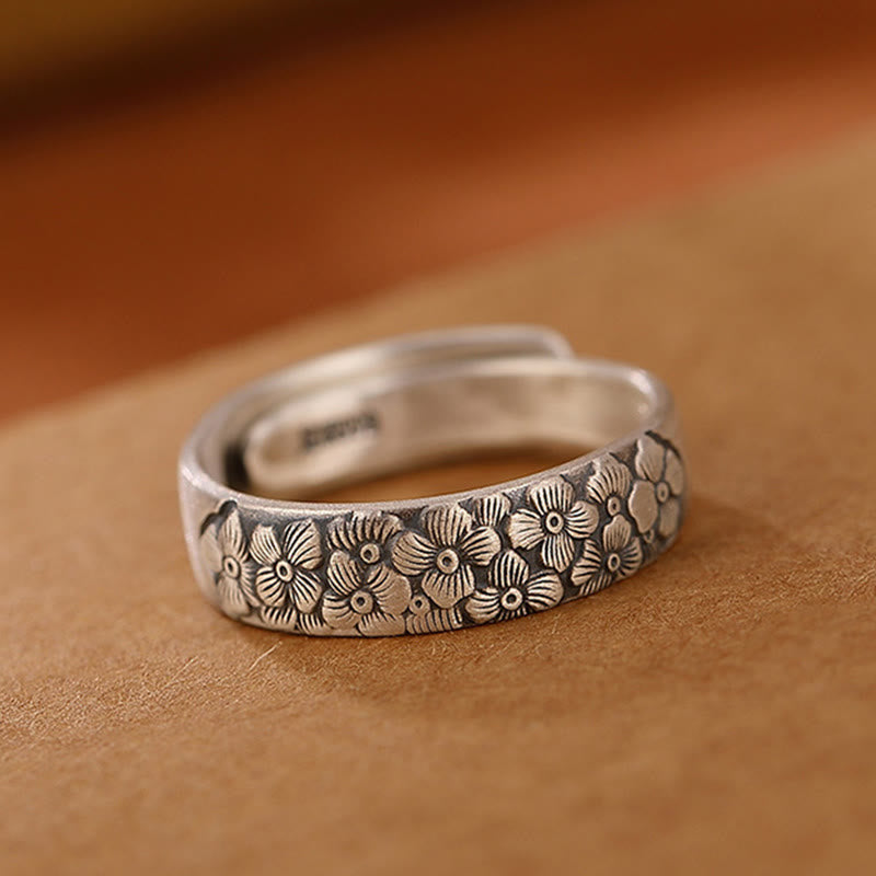 Anello di illuminazione inciso con Buddha Stones in argento sterling 999, fiore di loto, fiore di prugna, nuvole di buon auspicio - image 5