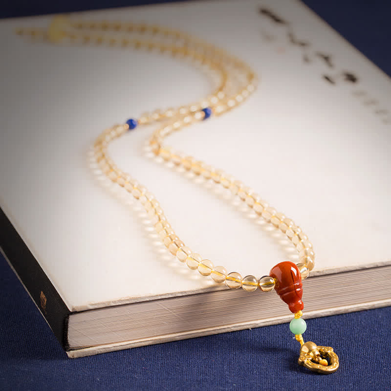 Braccialetto con ciondolo in argento sterling 925, 108 perline Mala, citrino naturale, agata rossa, ambra e piacere