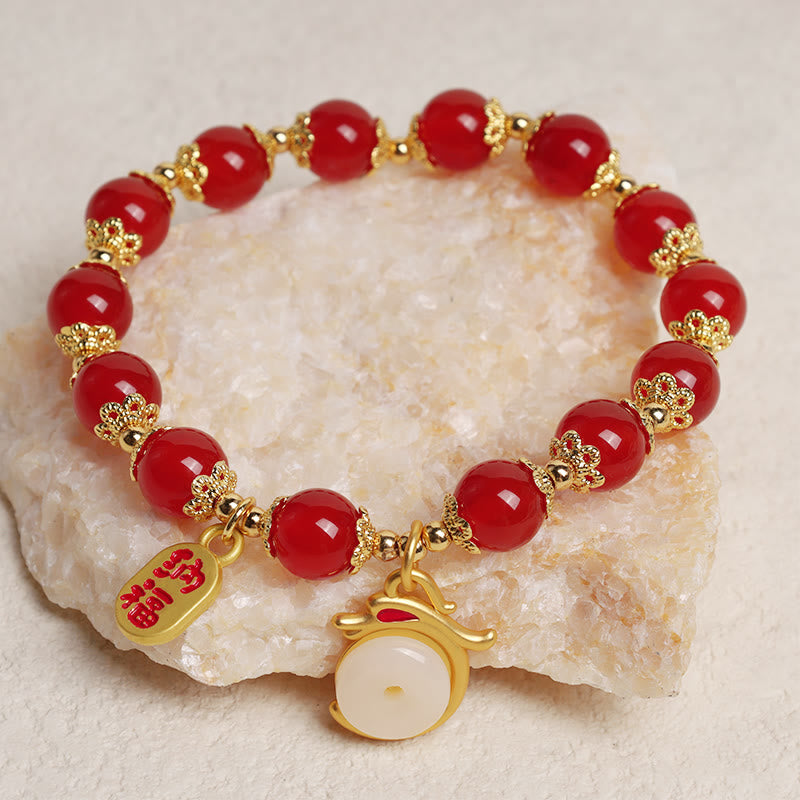 Buddha Stones Anno del Drago Agata Rossa Avventurina Verde Fibbia della Pace Carattere Fu Bracciale Fortunato