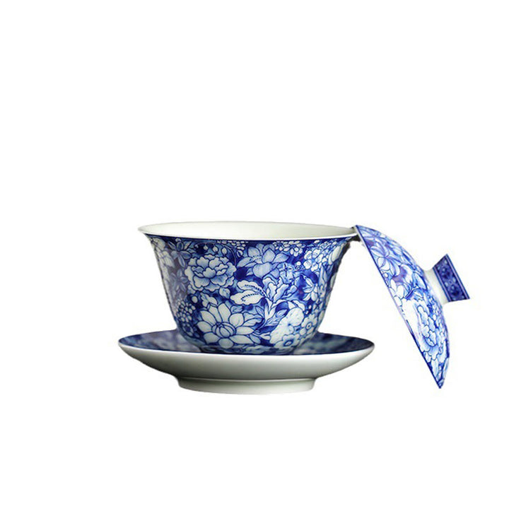 Buddha Stones Vintage Blu e Bianco Porcellana Ceramica Gaiwan Sancai Tazza da Tè Kung Fu Tazza da Tè e Piattino con Coperchio