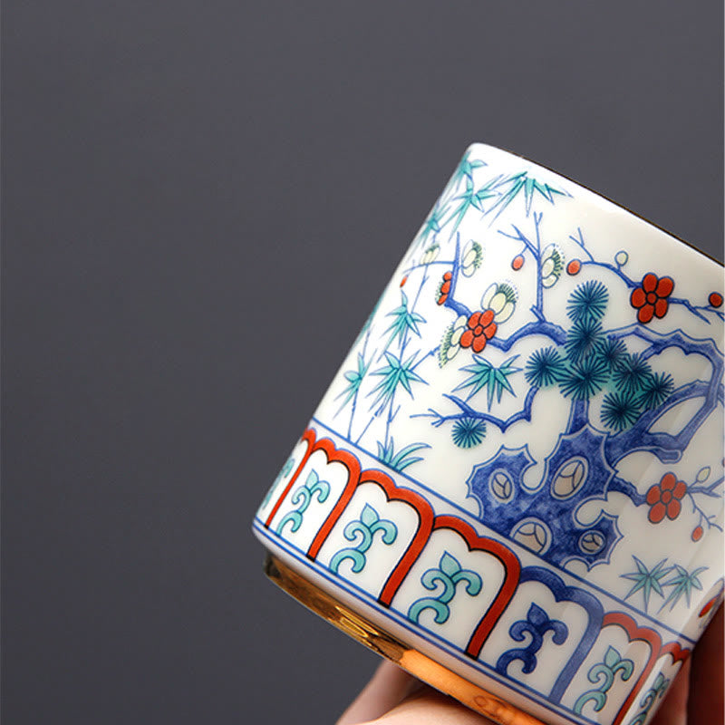 Buddha Stones Vintage Prugna Fiore Pino Bambù Fenice Kirin Leone Danzante Tazza da Tè in Ceramica Tazze da Tè