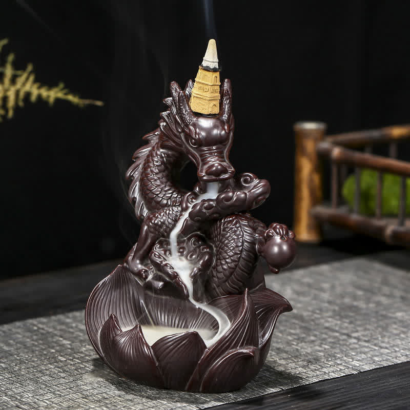 Bruciatore di incenso in ceramica con motivo a loto di drago, protezione e forza, decorazione